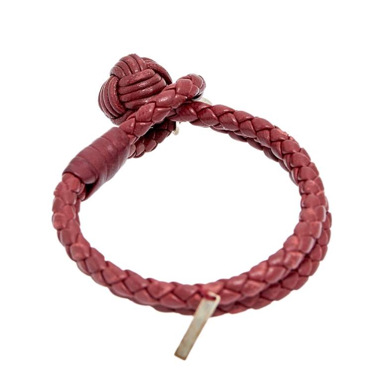 Pre Owned Bottega Veneta Intrecciato Nappa Burgundy Leather Double Strand Bracelet S