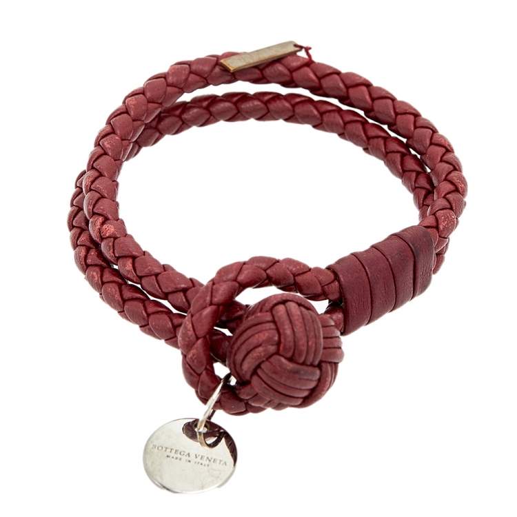 Pre Owned Bottega Veneta Intrecciato Nappa Burgundy Leather Double Strand Bracelet S