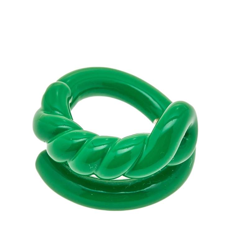 Pre Owned Bottega Veneta Green Enameled Sterling Silver Twist Ring Size IT 13