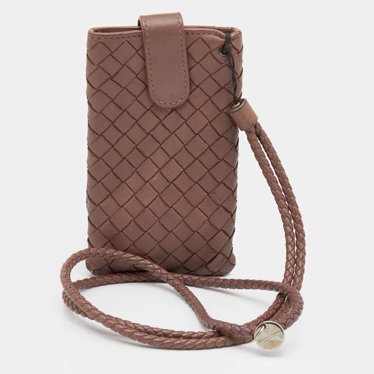 Intrecciato Leather Phone Pouch in Brown - Bottega Veneta