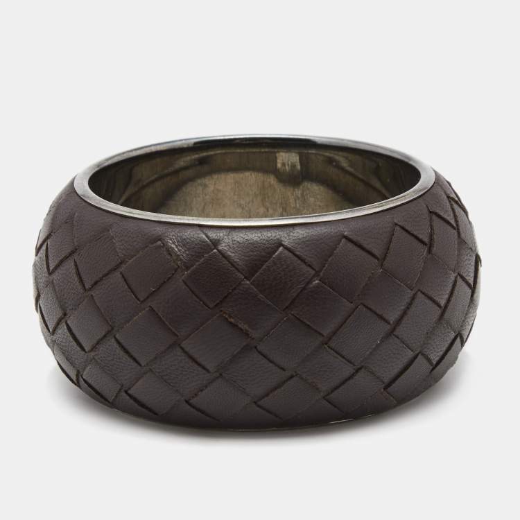 Pre Owned Bottega Veneta Intercciato Brown Leather Sterling Silver Bangle Bracelet M