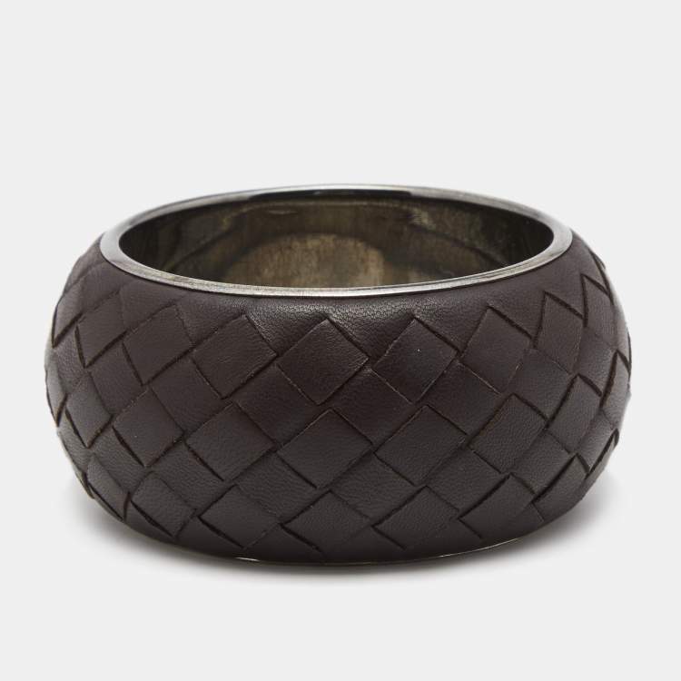 Pre Owned Bottega Veneta Intercciato Brown Leather Sterling Silver Bangle Bracelet M