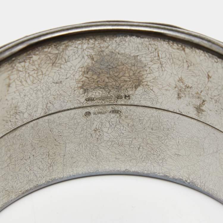 Pre Owned Bottega Veneta Intercciato Brown Leather Sterling Silver Bangle Bracelet M