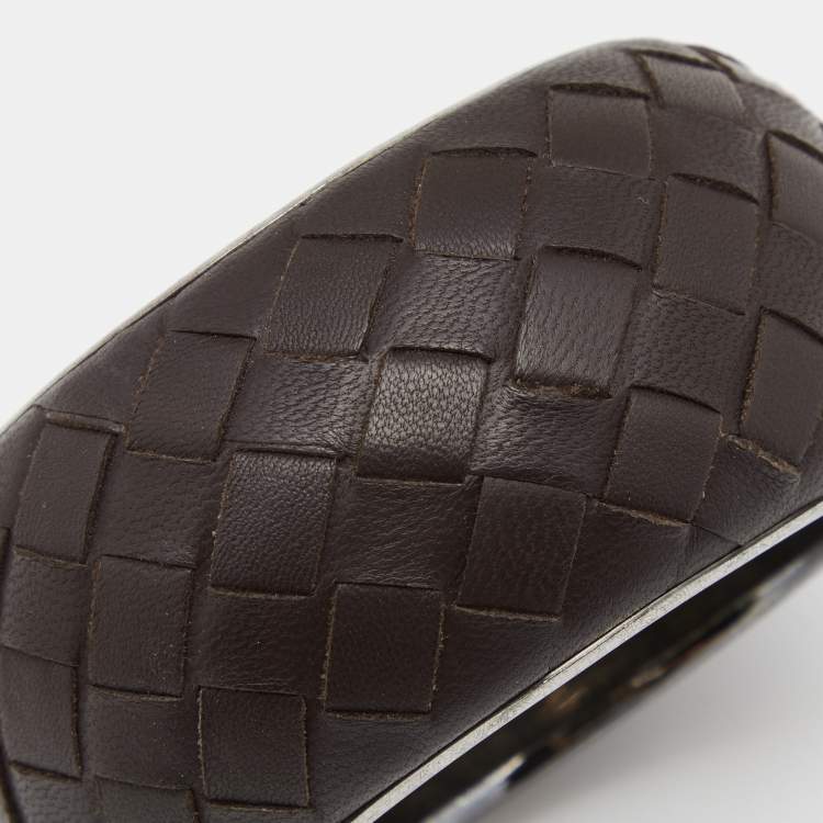 Pre Owned Bottega Veneta Intercciato Brown Leather Sterling Silver Bangle Bracelet M