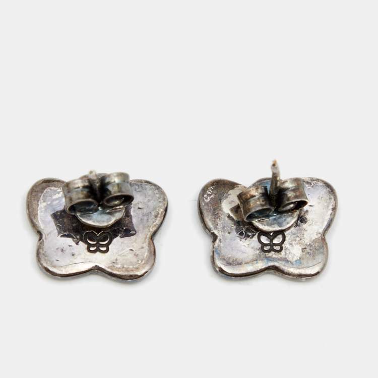 Pre Owned Bottega Veneta Intecciato Butterfly Sterling Silver Stud Earrings