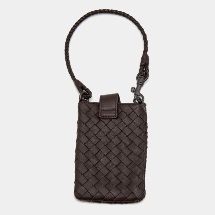 Intrecciato Leather Phone Pouch in Brown - Bottega Veneta