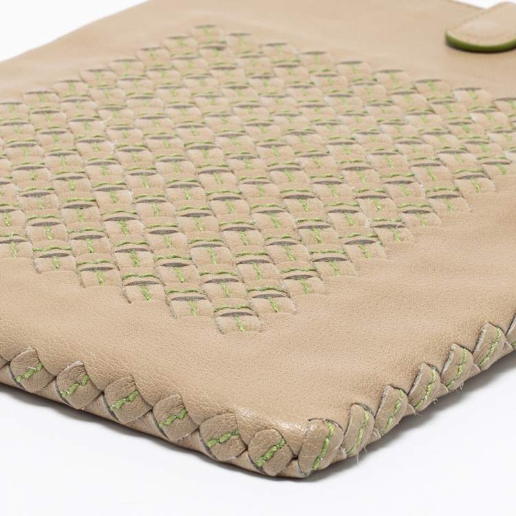 Pre Owned Bottega Veneta Beige/Green Intrecciato Leather iPad Case