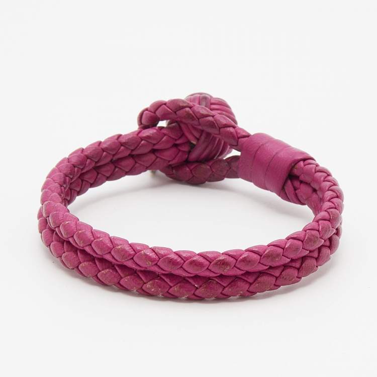 Pre Owned Bottega Veneta Fuchsia Intrecciato Leather Double Strand Bracelet