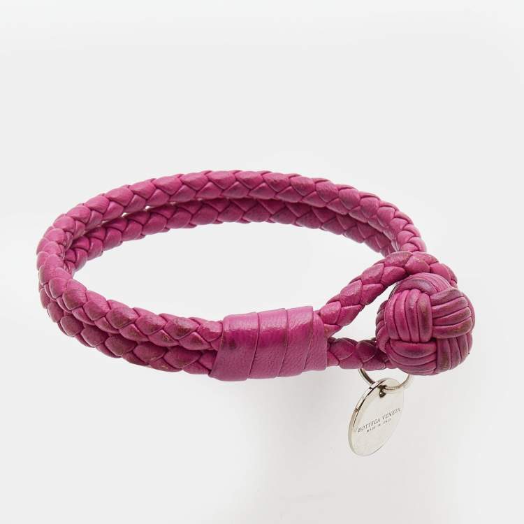Pre Owned Bottega Veneta Fuchsia Intrecciato Leather Double Strand Bracelet