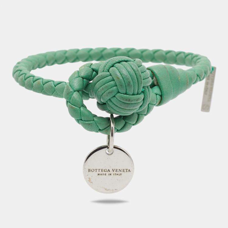 Pre Owned Bottega Veneta Green Leather Intrecciato Knot Bracelet S