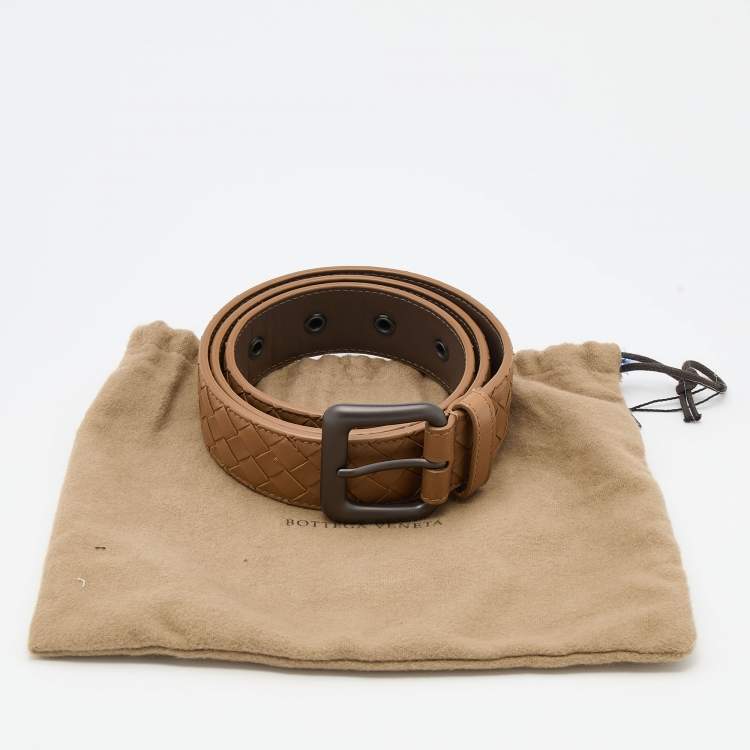 Pre Owned Bottega Veneta Brown Intrecciato Leather Buckle Belt 85CM