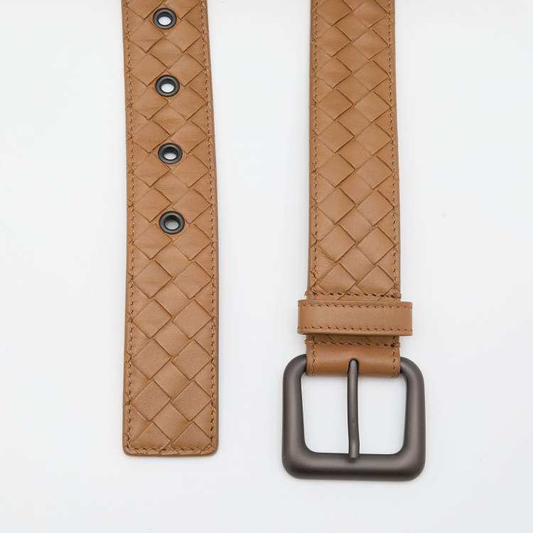 Pre Owned Bottega Veneta Brown Intrecciato Leather Buckle Belt 85CM