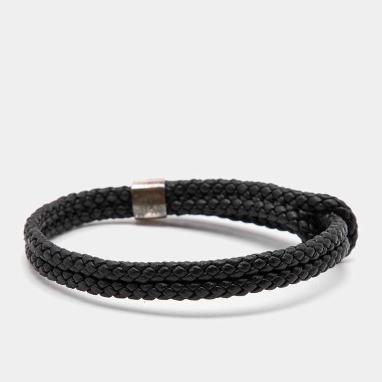 Pre Owned Bottega Veneta Double Strand Woven Leather Sterling Silver Bracelet 