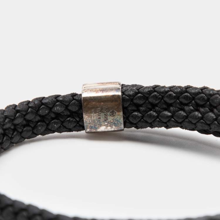 Pre Owned Bottega Veneta Double Strand Woven Leather Sterling Silver Bracelet 