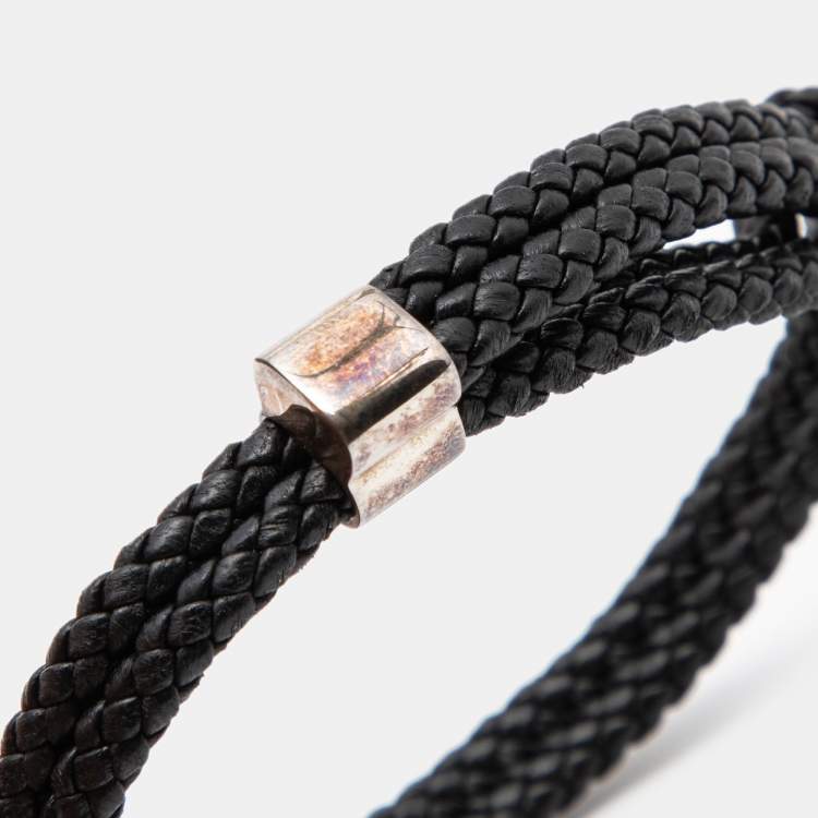 Pre Owned Bottega Veneta Double Strand Woven Leather Sterling Silver Bracelet 