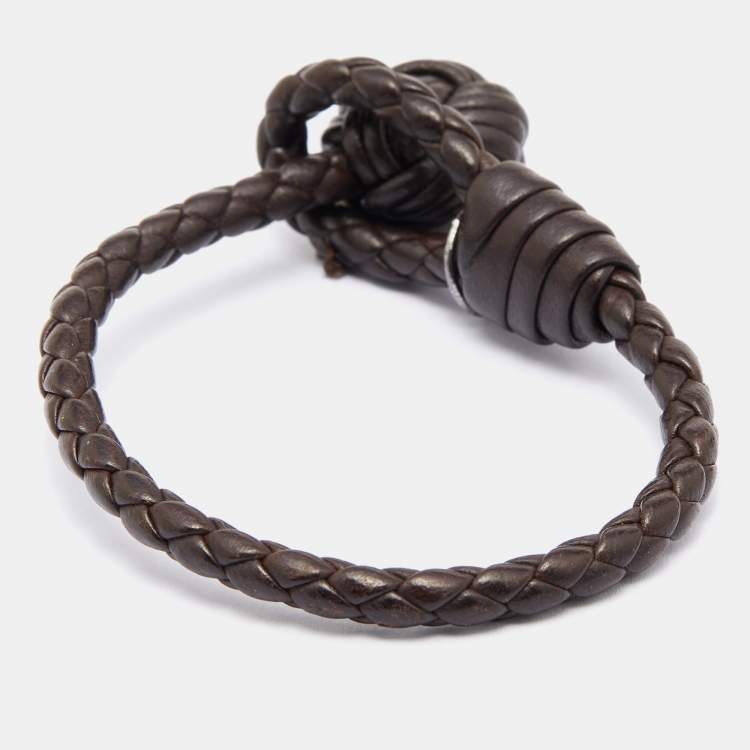 Pre Owned Bottega Veneta Brown Intrecciato Leather & Silver Charm Bracelet S