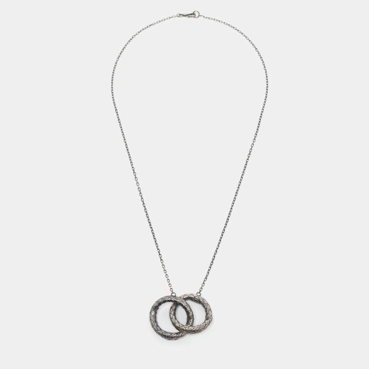 Pre Owned Bottega Veneta Intrecciato Double Circle Sterling Silver Pendant Necklace