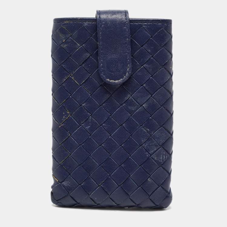 Pre Owned Bottega Veneta Dark Blue Intrecciato Leather Phone Case