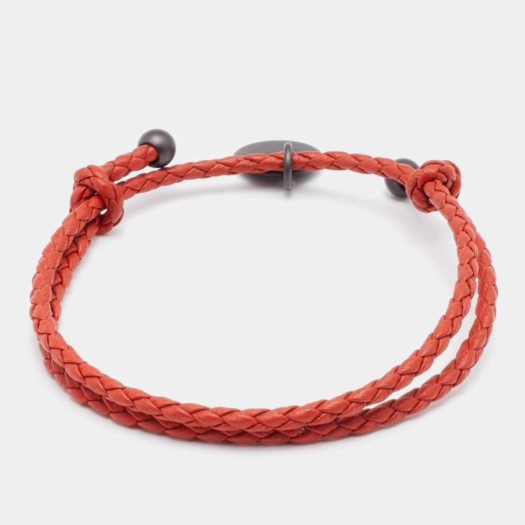 Pre Owned Bottega Veneta Intrecciato Orange Leather Gunmetal Tone Adjustable Double Cord Bracelet