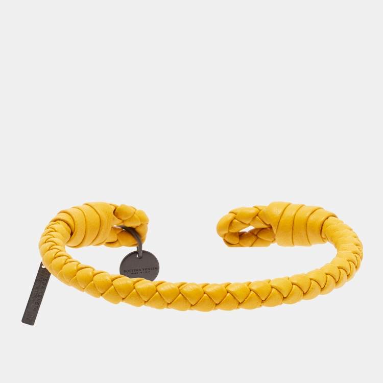 Pre Owned Bottega Veneta Intrecciato Nappa Gold Tone Open Cuff Leather Bracelet M