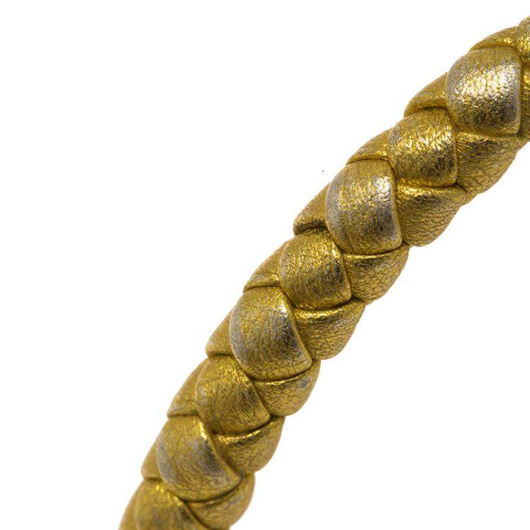 Pre Owned Bottega Veneta Intrecciato Nappa Gold Tone Open Cuff Leather Bracelet M