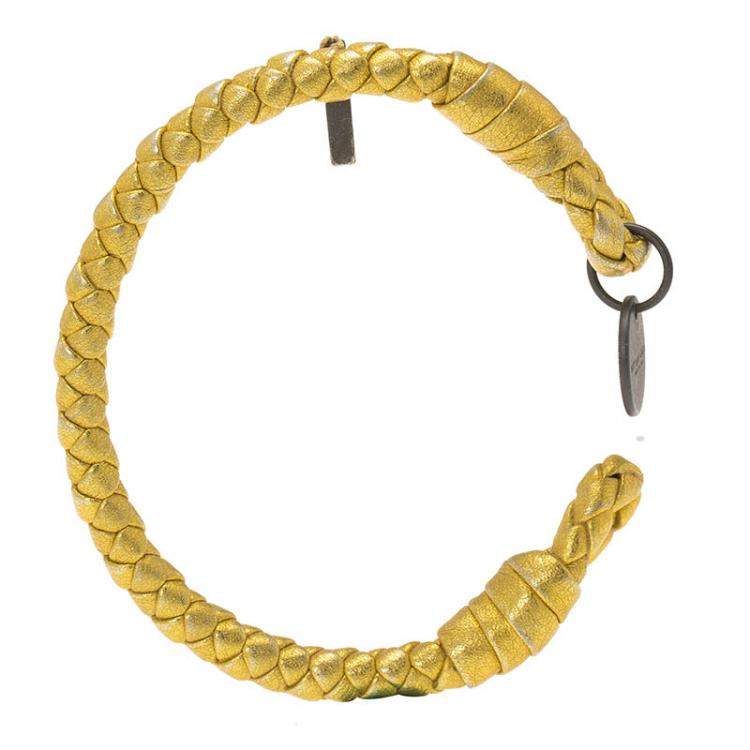 Pre Owned Bottega Veneta Intrecciato Nappa Gold Tone Open Cuff Leather Bracelet M