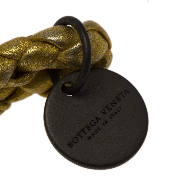Pre Owned Bottega Veneta Intrecciato Nappa Gold Tone Open Cuff Leather Bracelet M