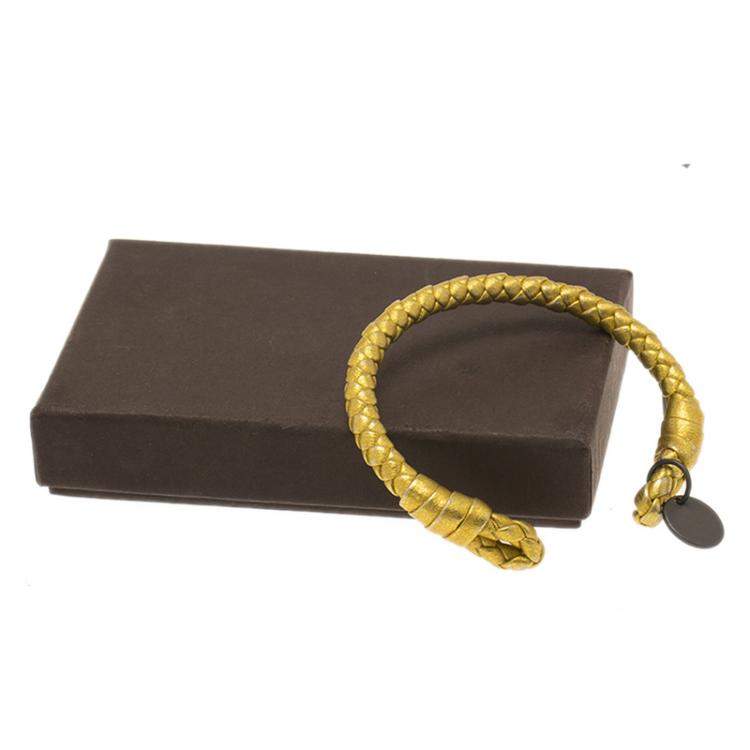 Pre Owned Bottega Veneta Intrecciato Nappa Gold Tone Open Cuff Leather Bracelet M