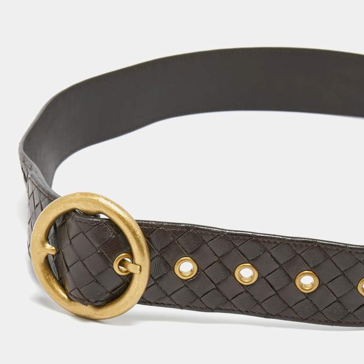 Pre Owned Bottega Veneta Dark Brown Intrecciato Leather Round Buckle Belt 90CM