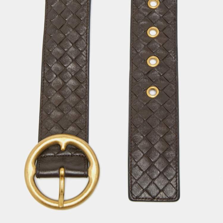 Pre Owned Bottega Veneta Dark Brown Intrecciato Leather Round Buckle Belt 90CM