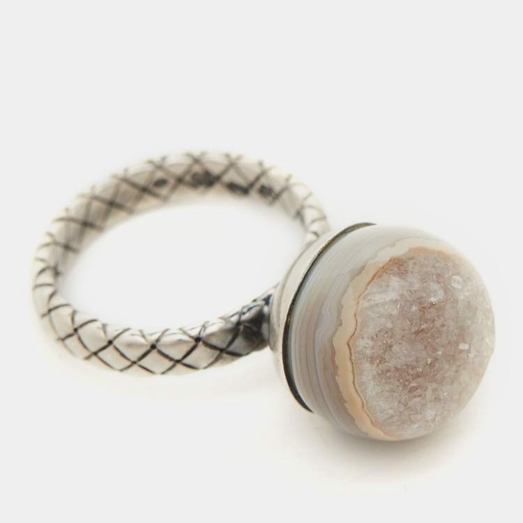 Pre Owned Bottega Veneta Stone Charm Silver Ring EU 54