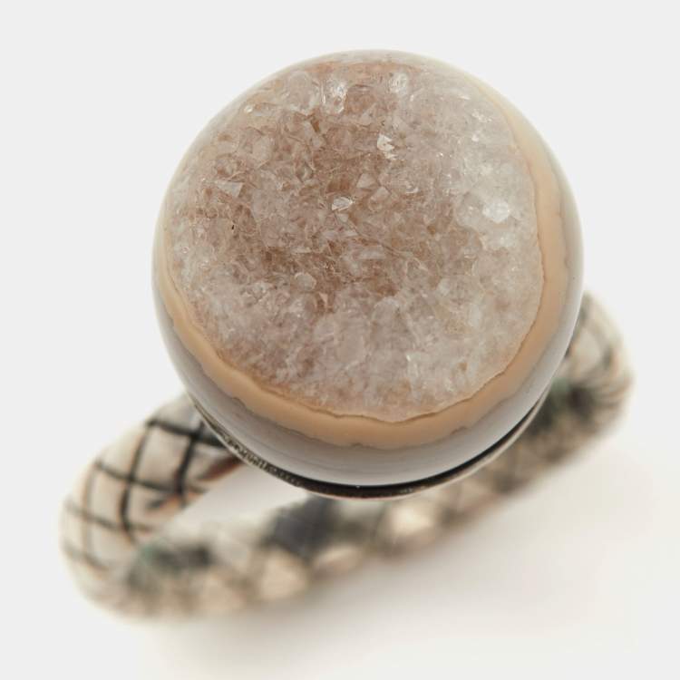 Pre Owned Bottega Veneta Stone Charm Silver Ring EU 54