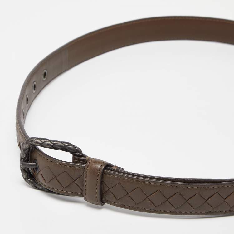 Pre Owned Bottega Veneta Brown Intrecciato Leather Slim Buckle Belt 85CM