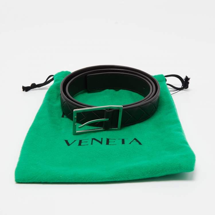 Pre Owned Bottega Veneta Black Intrecciato Leather Buckle Belt 95CM