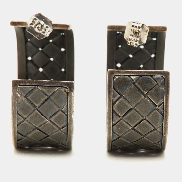 Pre Owned Bottega Veneta Intecciato Silver Hoop Earrings