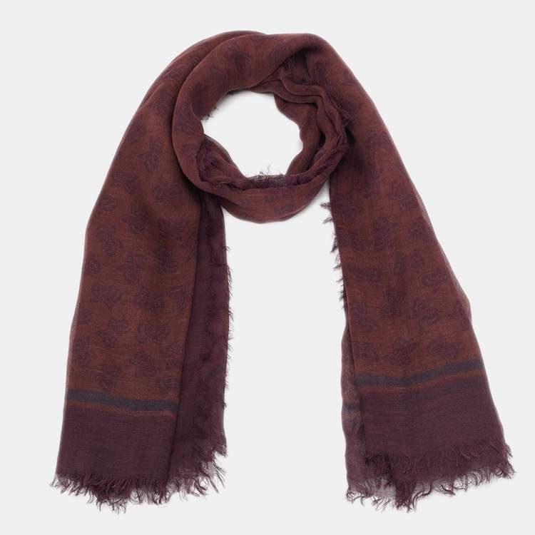 Pre Owned Bottega Veneta Brown & Burgundy  Burgundy Printed Modal & Silk Square Scarf