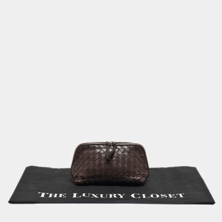 Pre Owned Bottega Veneta Dark Brown Intrecciato Leather Beauty Pouch