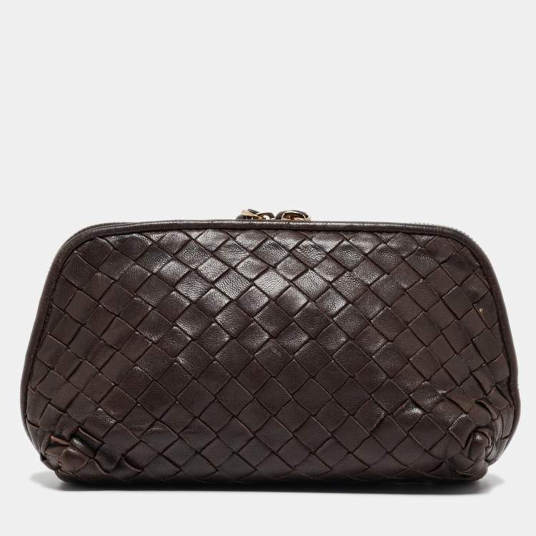 Pre Owned Bottega Veneta Dark Brown Intrecciato Leather Beauty Pouch