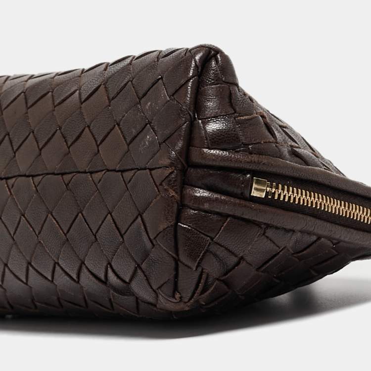Pre Owned Bottega Veneta Dark Brown Intrecciato Leather Beauty Pouch