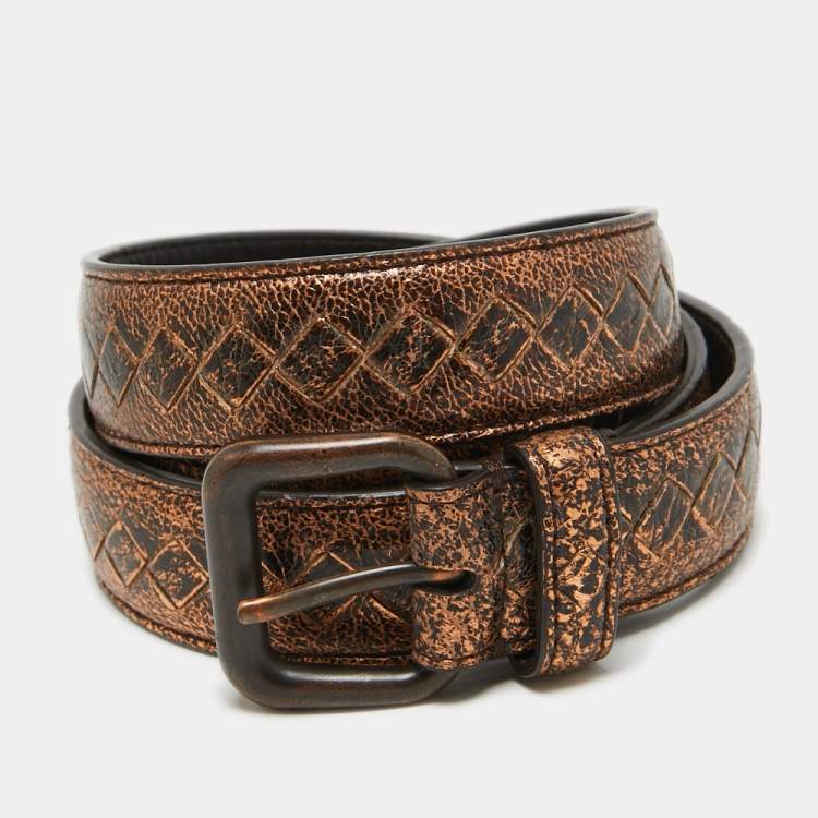Pre Owned Bottega Veneta Bronze Intrecciato Leather Slim Buckle Belt 90CM