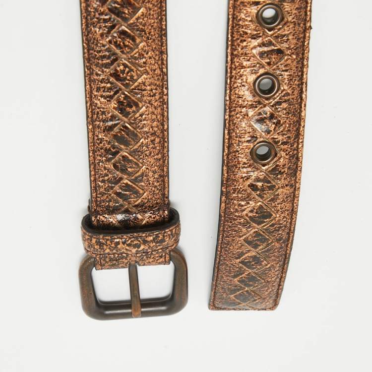 Pre Owned Bottega Veneta Bronze Intrecciato Leather Slim Buckle Belt 90CM