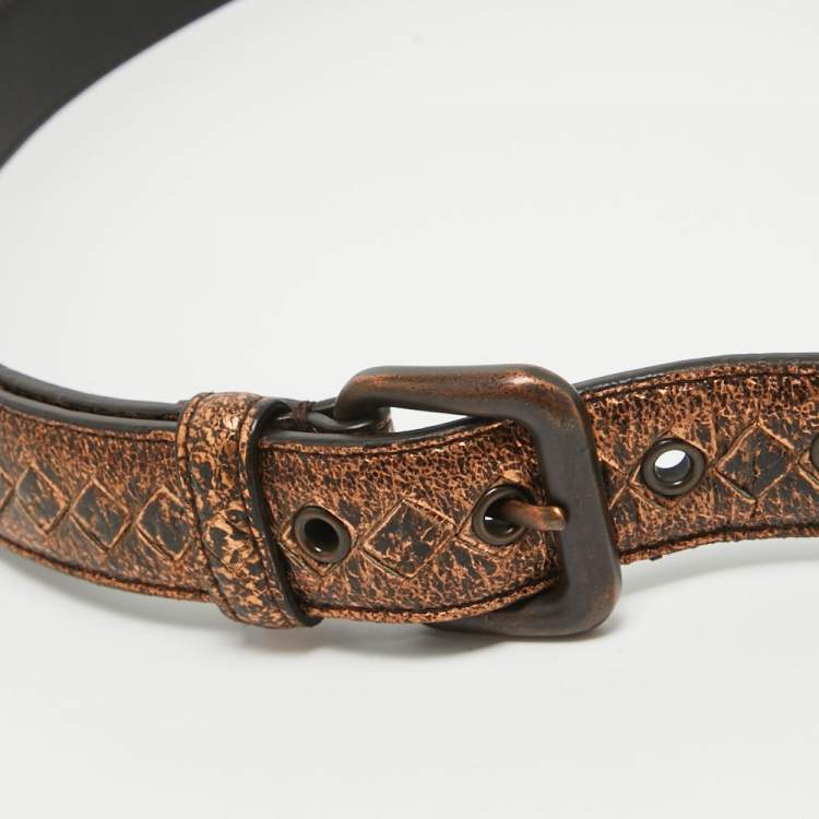 Pre Owned Bottega Veneta Bronze Intrecciato Leather Slim Buckle Belt 90CM