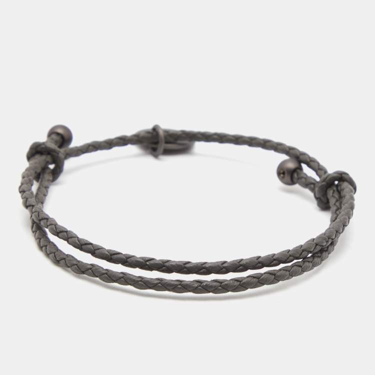 Pre Owned Bottega Veneta Intrecciato Leather Gunmetal Tone Adjustable Bracelet