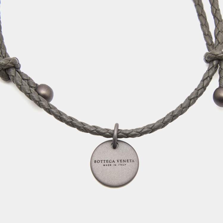 Pre Owned Bottega Veneta Intrecciato Leather Gunmetal Tone Adjustable Bracelet
