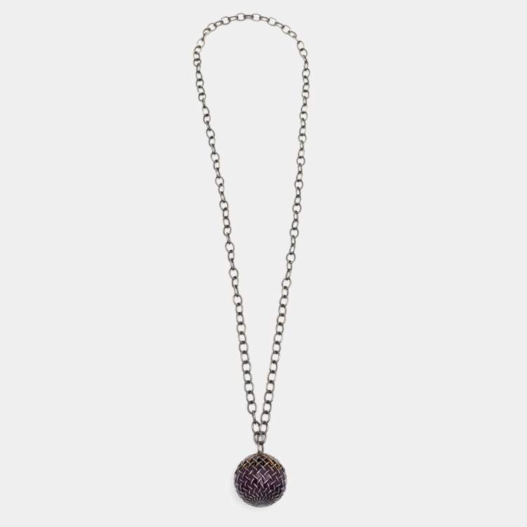 Pre Owned Bottega Veneta Woven Ball Enamel Sterling Silver Pendant Necklace