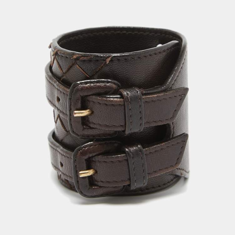 Pre Owned Bottega Veneta Dark Brown Intrecciato Leather Double Buckle Wrap Bracelet
