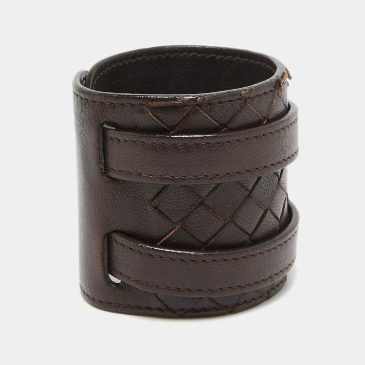 Pre Owned Bottega Veneta Dark Brown Intrecciato Leather Double Buckle Wrap Bracelet