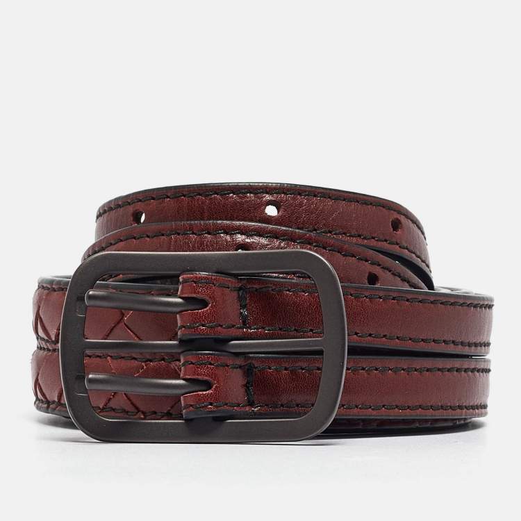 Pre Owned Bottega Veneta Burgundy Intrecciato Leather Double Strap Buckle Belt 75CM