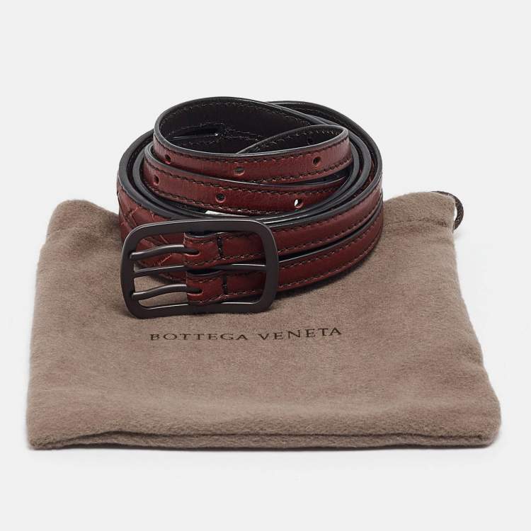 Pre Owned Bottega Veneta Burgundy Intrecciato Leather Double Strap Buckle Belt 75CM