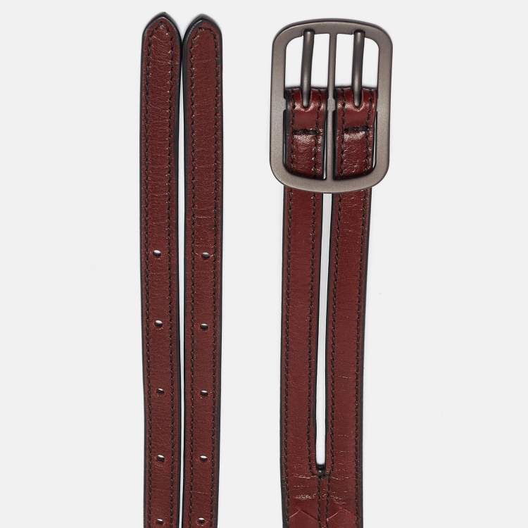 Pre Owned Bottega Veneta Burgundy Intrecciato Leather Double Strap Buckle Belt 75CM